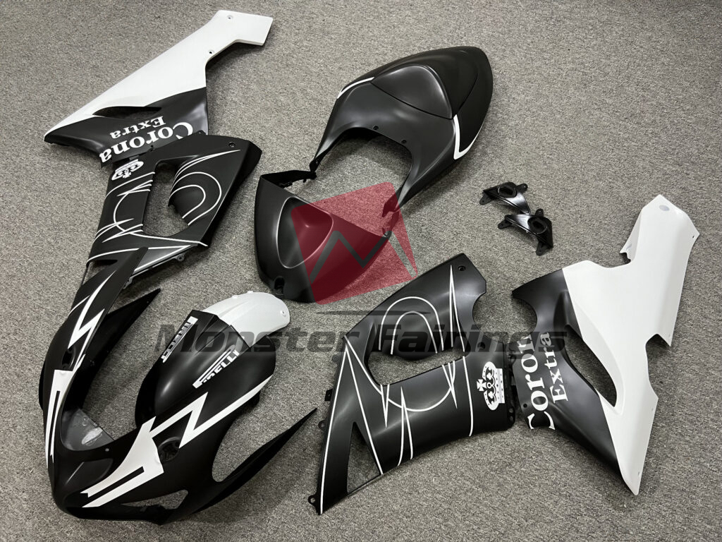 Kawasaki ZX6R custom ABS fairings 2005 - 2006 in Matte Black & White Corona Extra - durable replacement kit, Monster Fairings