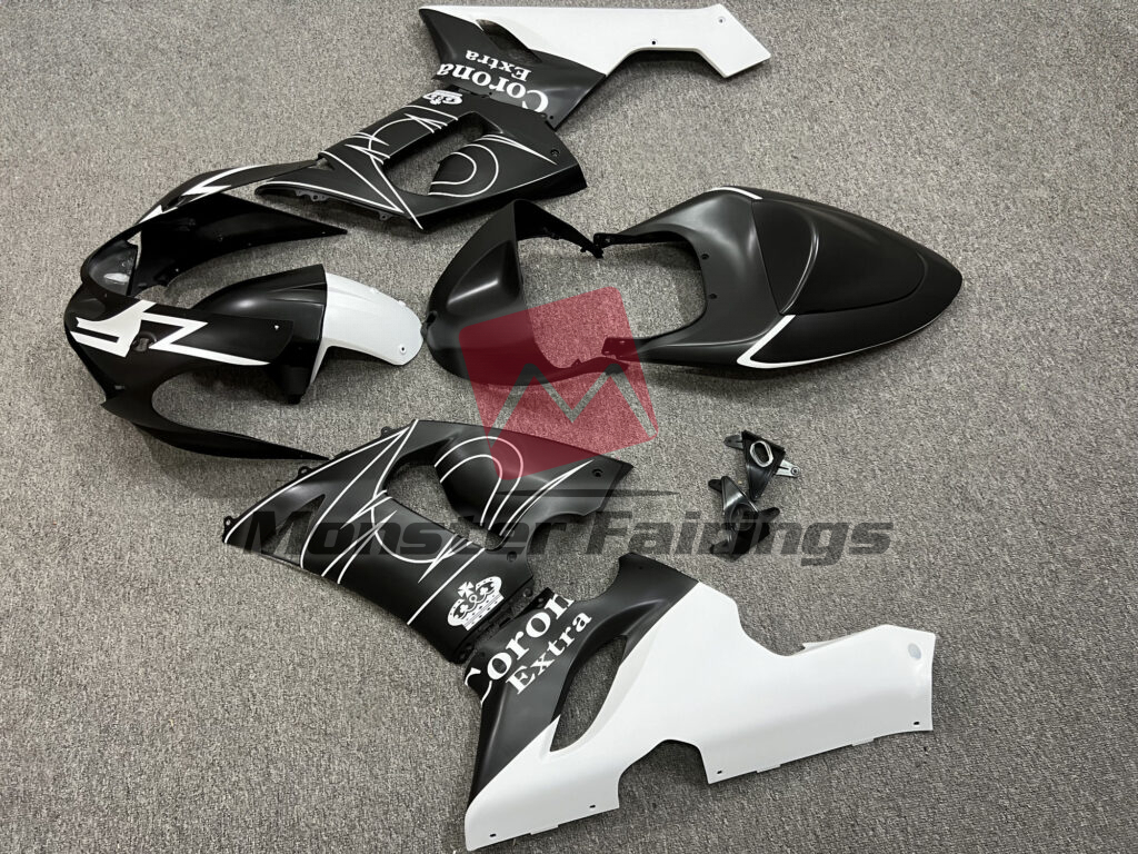 2005 - 2006 Kawasaki ZX6R Matte Black & White Corona Extra fairing set - ABS injection, custom painted by Monster Fairings