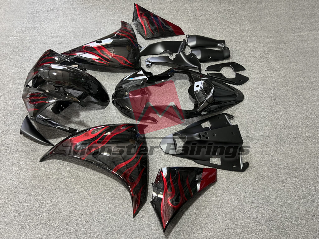 2009 - 2011 Yamaha R1 Gloss Black Red Flames fairing set - ABS injection, custom painted by Monster Fairings