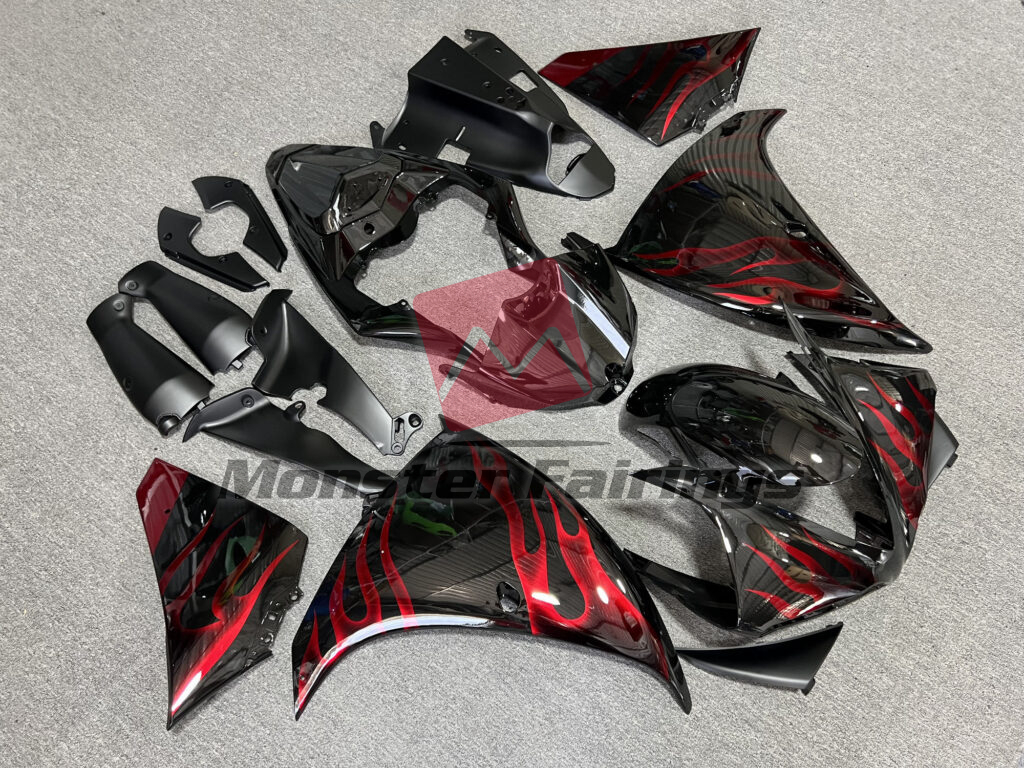 Yamaha R1 custom ABS fairings 2009 - 2011 in Gloss Black Red Flames - durable replacement kit, Monster Fairings