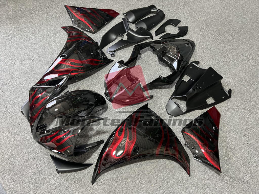 Gloss Black Red Flames ABS fairings for Yamaha R1 2009 - 2011 - premium OEM fit kit by Monster Fairings
