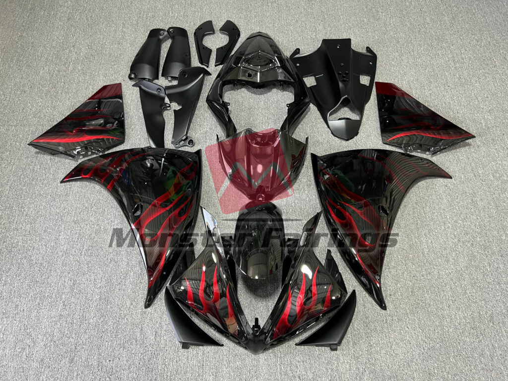 Yamaha R1 2009 - 2011 Gloss Black Red Flames ABS fairings - custom motorcycle bodywork kit by Monster Fairings
