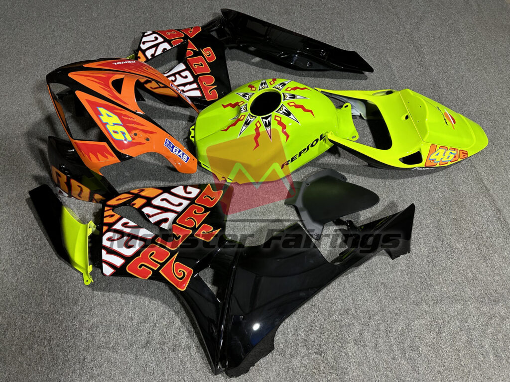 2005 - 2006 Honda CBR600RR Gloss High Vis Yellow Rossi fairing set - ABS injection, custom painted by Monster Fairings