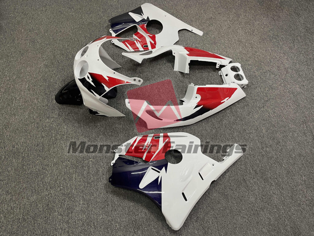 1990 - 1998 Honda CBR250RR Gloss White, Red & Blue fairing set - ABS injection, custom painted by Monster Fairings