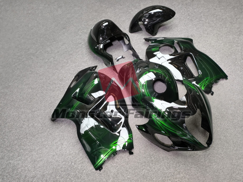 1997 - 2007 Suzuki GSXR 1300 Gloss Black & Electric Green fairing set - ABS injection, custom painted by Monster Fairings