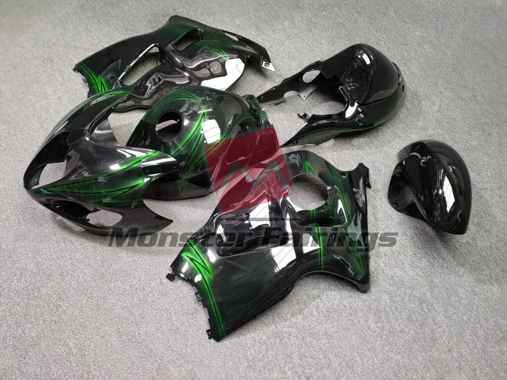 Suzuki GSXR 1300 custom ABS fairings 1997 - 2007 in Gloss Black & Electric Green - durable replacement kit, Monster Fairings