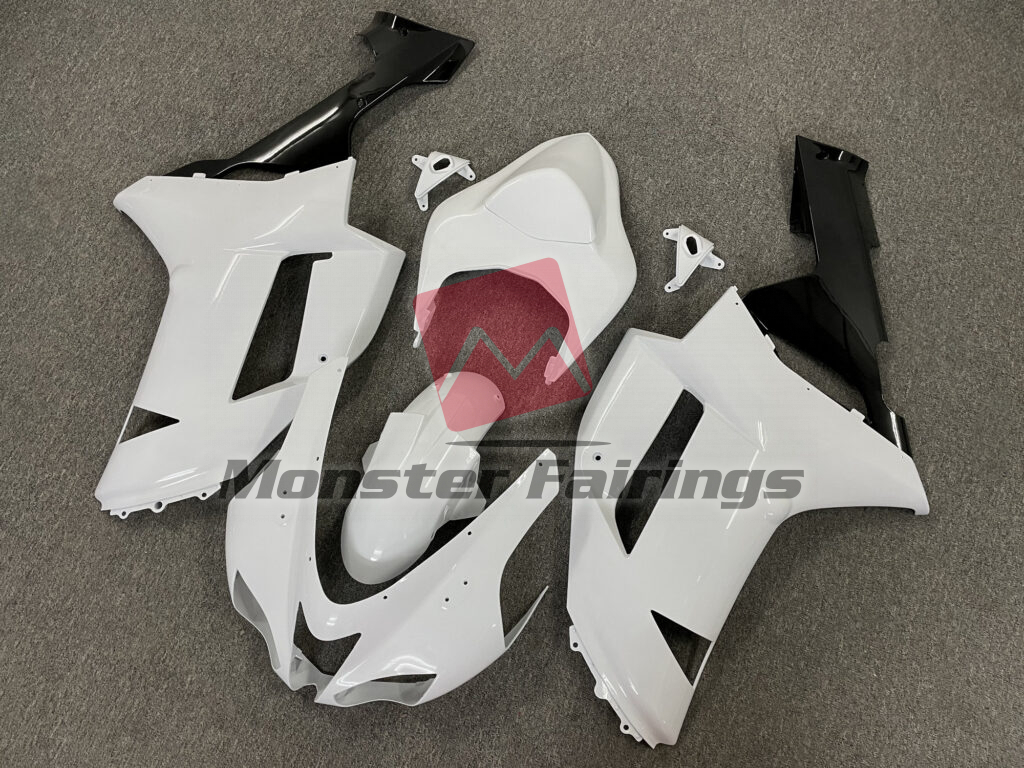 Kawasaki ZX6R custom ABS fairings 2007 - 2008 in Gloss White Black - durable replacement kit, Monster Fairings