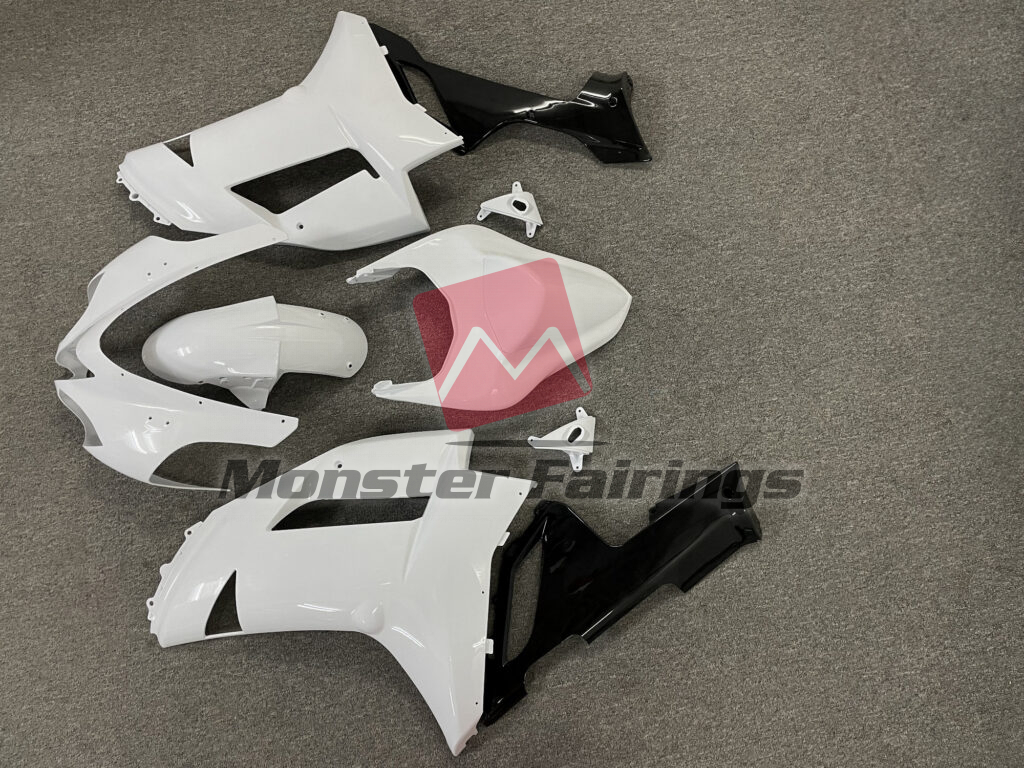 2007 - 2008 Kawasaki ZX6R Gloss White Black fairing set - ABS injection, custom painted by Monster Fairings
