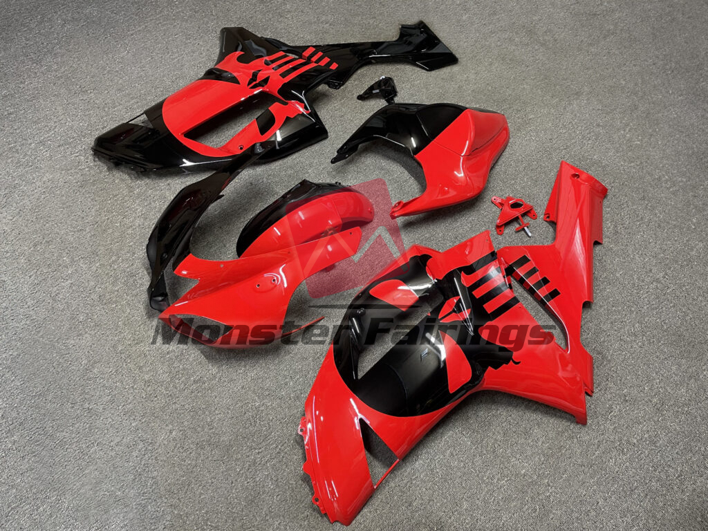 Kawasaki ZX6R custom ABS fairings 2007 - 2008 in Gloss Red & Black Skull Split - durable replacement kit, Monster Fairings