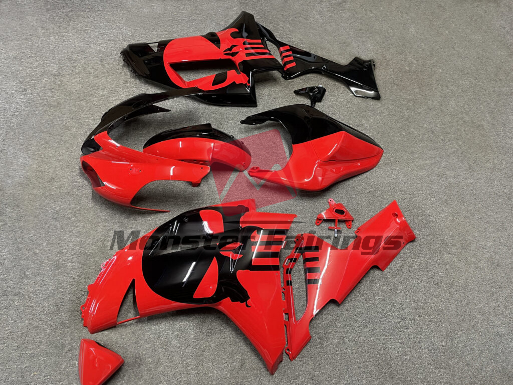 2007 - 2008 Kawasaki ZX6R Gloss Red & Black Skull Split fairing set - ABS injection, custom painted by Monster Fairings