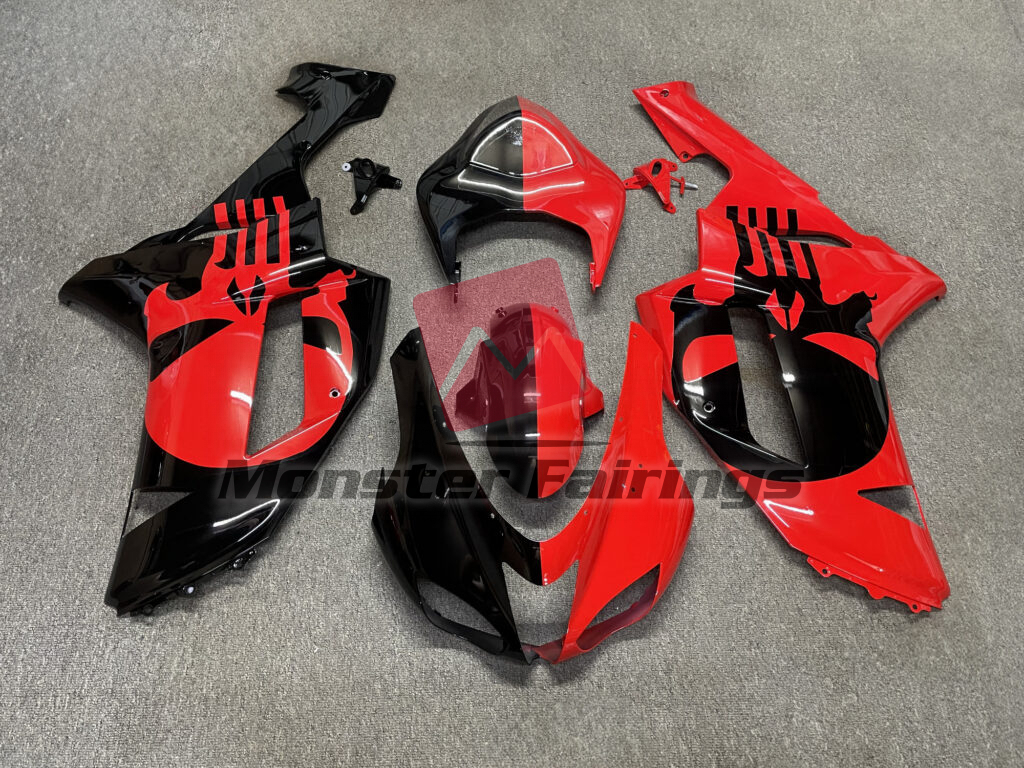 Kawasaki ZX6R 2007 - 2008 Gloss Red & Black Skull Split ABS fairings - custom motorcycle bodywork kit by Monster Fairings
