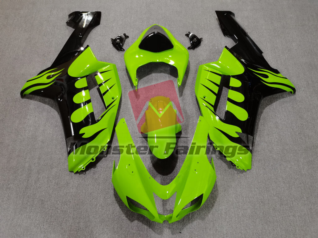 Kawasaki ZX6R 2007 - 2008 Gloss Green Black Flames ABS fairings - custom motorcycle bodywork kit by Monster Fairings