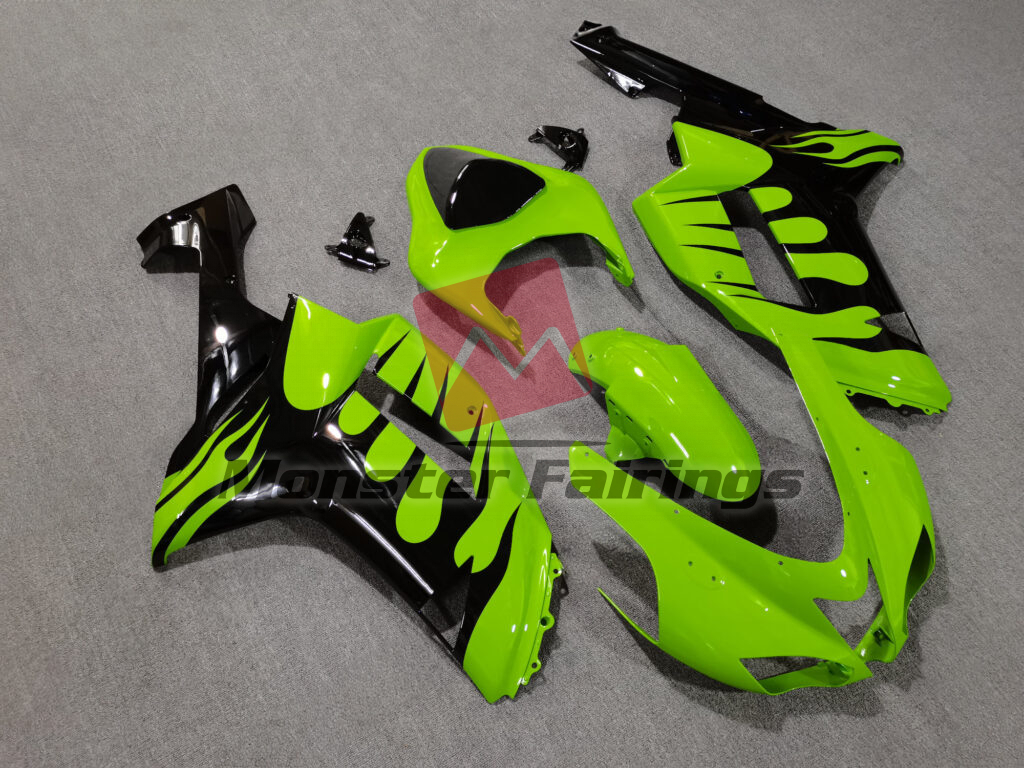 Gloss Green Black Flames ABS fairings for Kawasaki ZX6R 2007 - 2008 - premium OEM fit kit by Monster Fairings