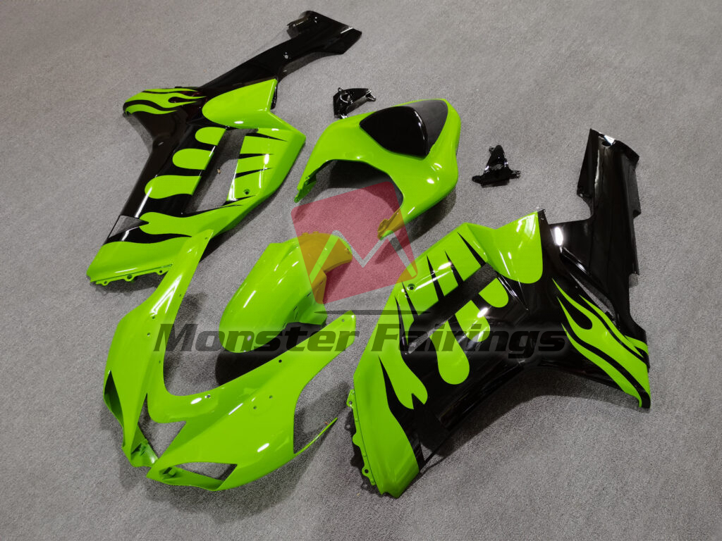 Kawasaki ZX6R custom ABS fairings 2007 - 2008 in Gloss Green Black Flames - durable replacement kit, Monster Fairings