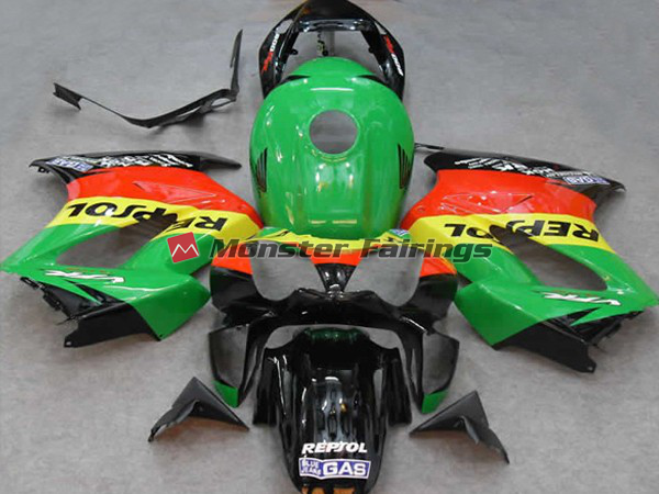 Honda VFR800 2002 - 2012 Green Repsol ABS fairings - custom motorcycle bodywork kit by Monster Fairings