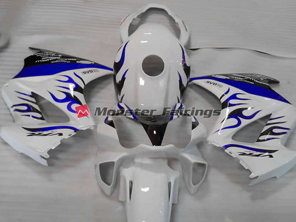 Honda VFR800 2002 - 2012 White Blue Flame ABS fairings - custom motorcycle bodywork kit by Monster Fairings