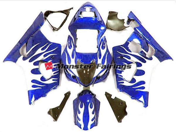 Suzuki GSXR 1000 2003 - 2004 Gloss Blue with White Flame ABS fairings - custom motorcycle bodywork kit by Monster Fairings