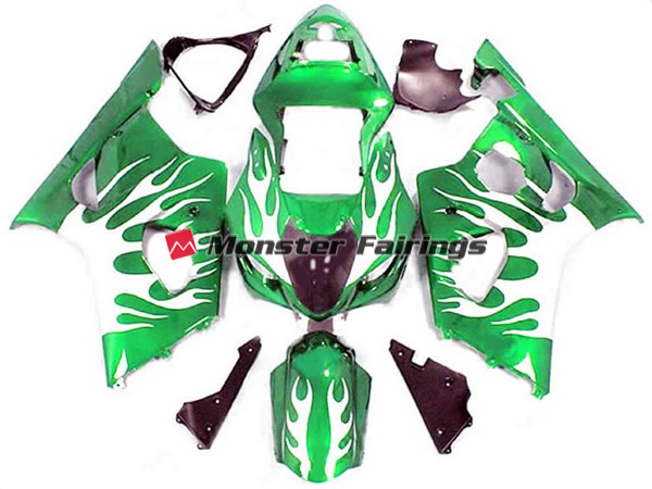 Suzuki GSXR 1000 2003 - 2004 Gloss Green with White Flame ABS fairings - custom motorcycle bodywork kit by Monster Fairings
