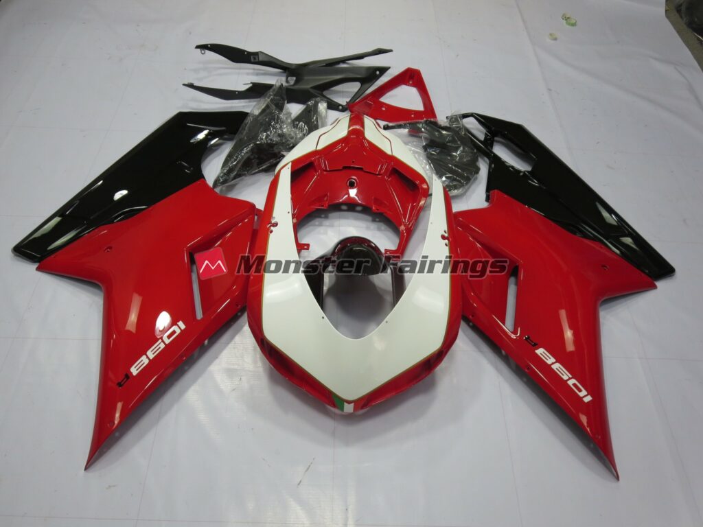 Ducati 848 1098 1198 2007 - 2012 Red and White ABS fairings - custom motorcycle bodywork kit by Monster Fairings