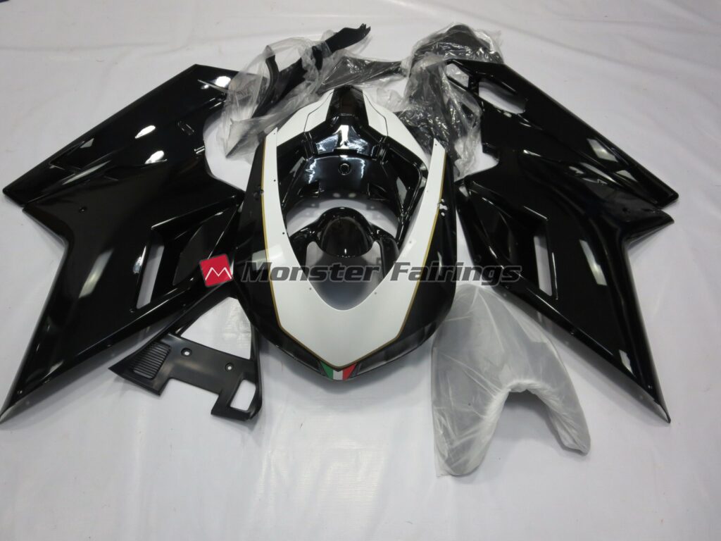 Ducati 848 1098 1198 2007 - 2012 Gloss Black and White ABS fairings - custom motorcycle bodywork kit by Monster Fairings