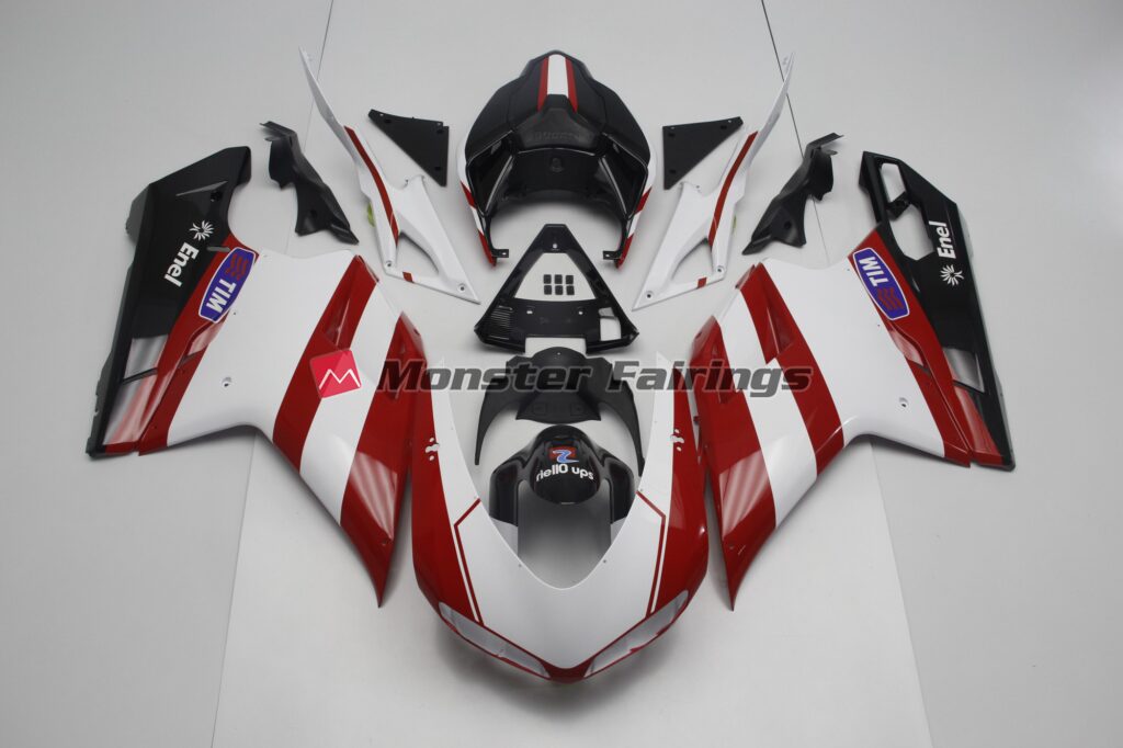 Ducati 848 1098 1198 2007 - 2012 Gloss White & Red with Black ABS fairings - custom motorcycle bodywork kit by Monster Fairings