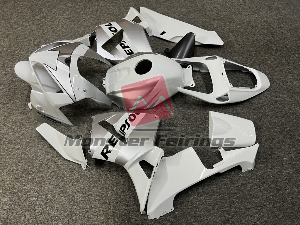 2005 - 2006 Honda CBR600RR Gloss White & Silver Repsol fairing set - ABS injection, custom painted by Monster Fairings