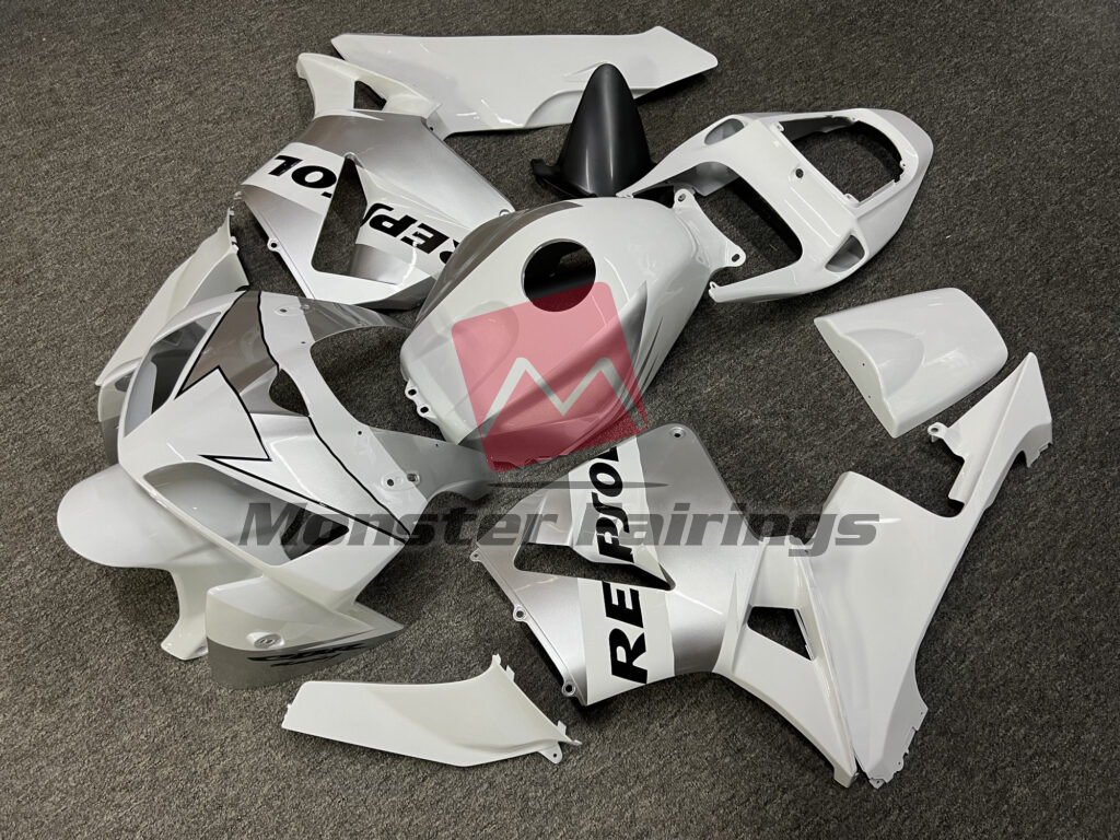 Honda CBR600RR custom ABS fairings 2005 - 2006 in Gloss White & Silver Repsol - durable replacement kit, Monster Fairings