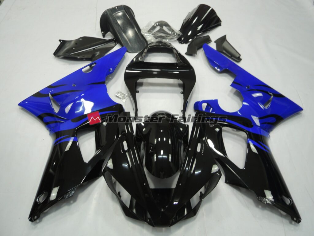 Yamaha R1 2000 - 2001 Black Flame with Blue ABS fairings - custom motorcycle bodywork kit by Monster Fairings