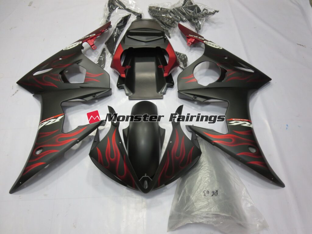 Yamaha R6 2005 Matte Red Flame ABS fairings - custom motorcycle bodywork kit by Monster Fairings