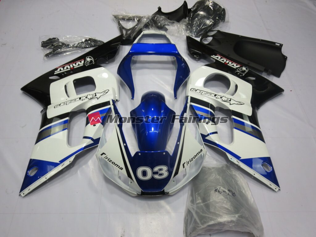 Yamaha R6 1998 - 2002 Blue and Silver ABS fairings - custom motorcycle bodywork kit by Monster Fairings