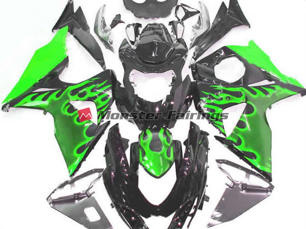 Suzuki GSXR1000 2009 - 2016 Green Flame ABS fairings - custom motorcycle bodywork kit by Monster Fairings