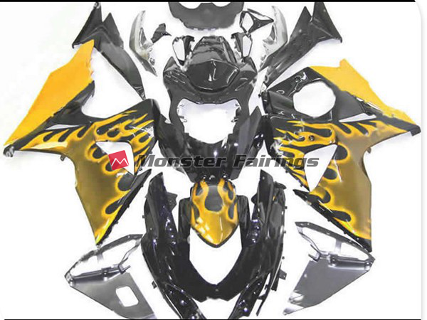 Suzuki GSXR1000 2009 - 2016 Yellow Flame ABS fairings - custom motorcycle bodywork kit by Monster Fairings