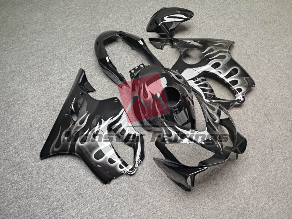 Honda CBR600 F4i custom ABS fairings 2004 - 2007 in Gloss Black Silver Flame - durable replacement kit, Monster Fairings