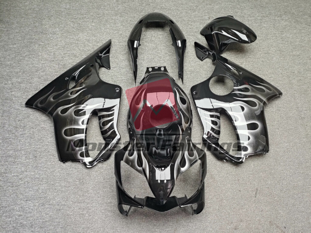 Honda CBR600 F4i 2004 - 2007 Gloss Black Silver Flame ABS fairings - custom motorcycle bodywork kit by Monster Fairings