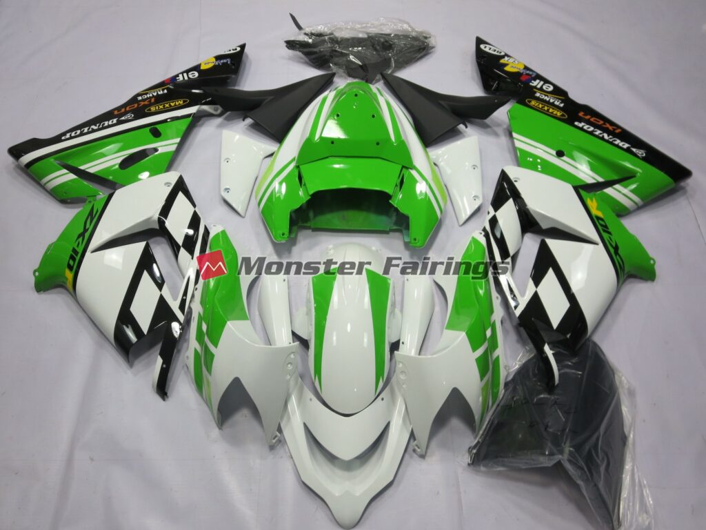 Kawasaki ZX10R 2004 - 2005 Special White Green ABS fairings - custom motorcycle bodywork kit by Monster Fairings