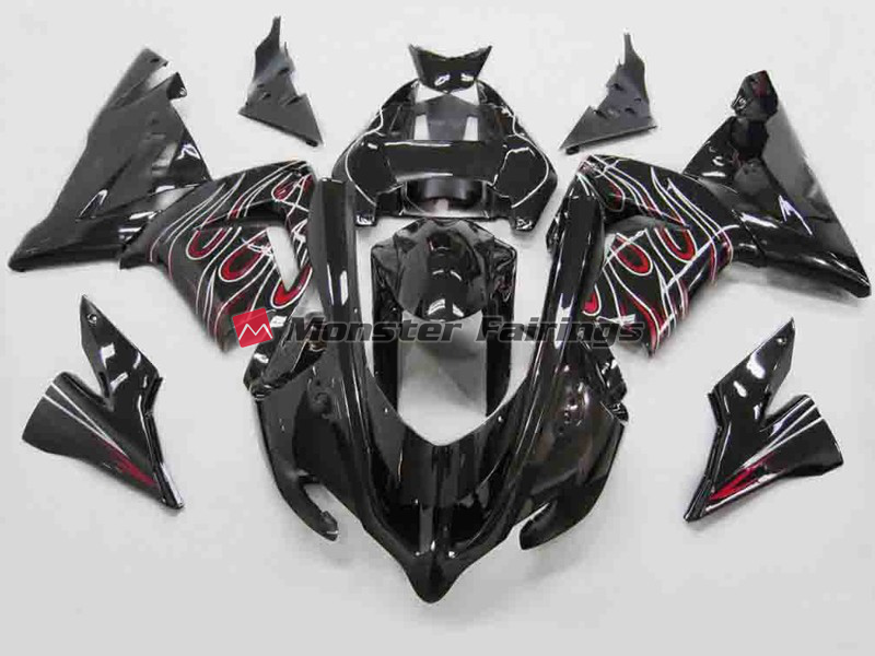 Kawasaki ZX10R 2004 - 2005 Red Black Flame ABS fairings - custom motorcycle bodywork kit by Monster Fairings