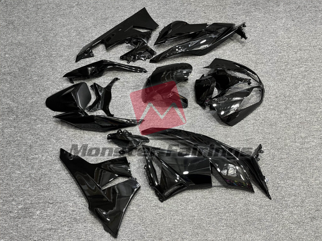 2009 - 2012 Kawasaki ZX6R Gloss Black fairing set - ABS injection, custom painted by Monster Fairings