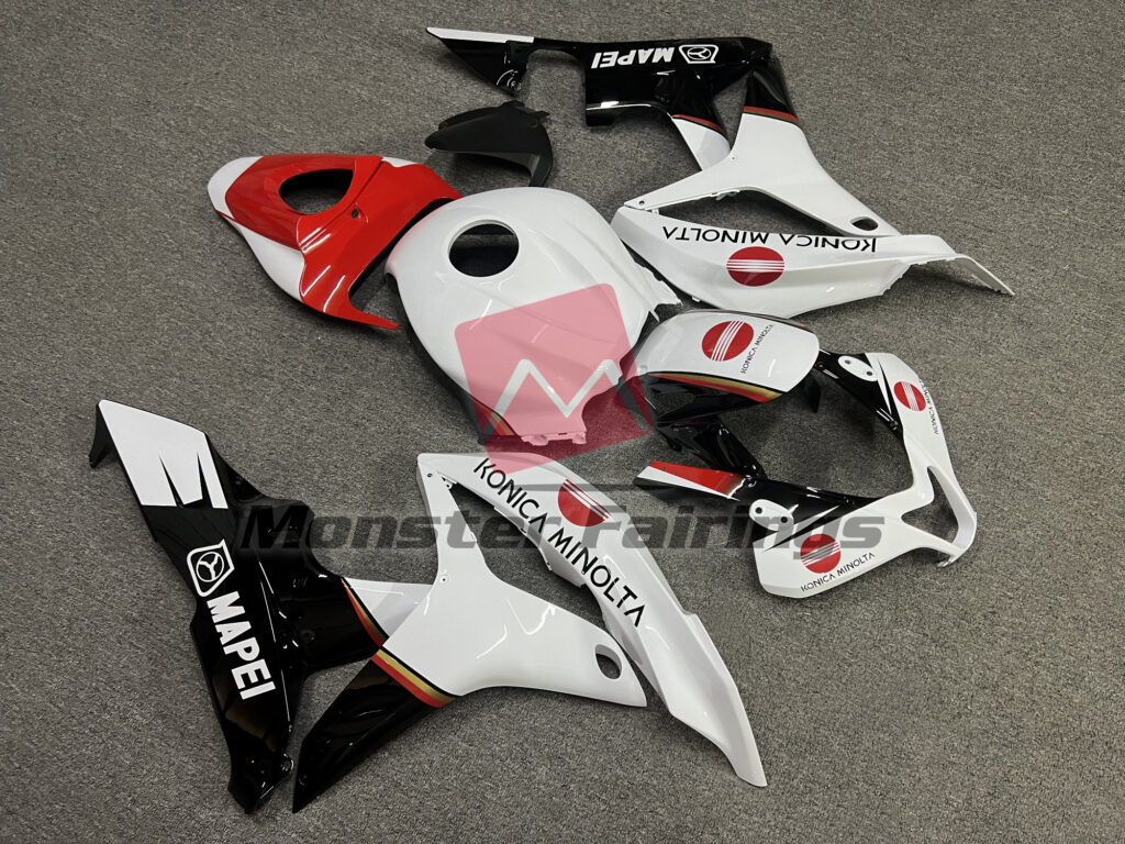 2007 - 2008 Honda CBR600RR Gloss White, Black & Red KM fairing set - ABS injection, custom painted by Monster Fairings