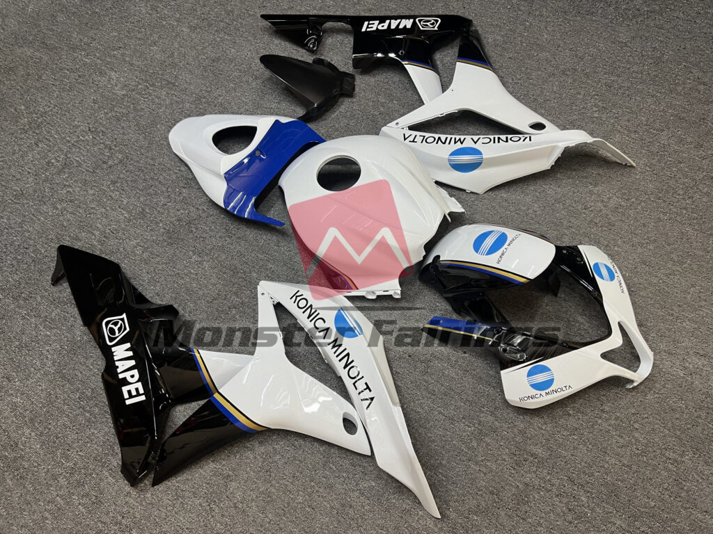 2007 - 2008 Honda CBR600RR Gloss White, Black & Blue KM fairing set - ABS injection, custom painted by Monster Fairings