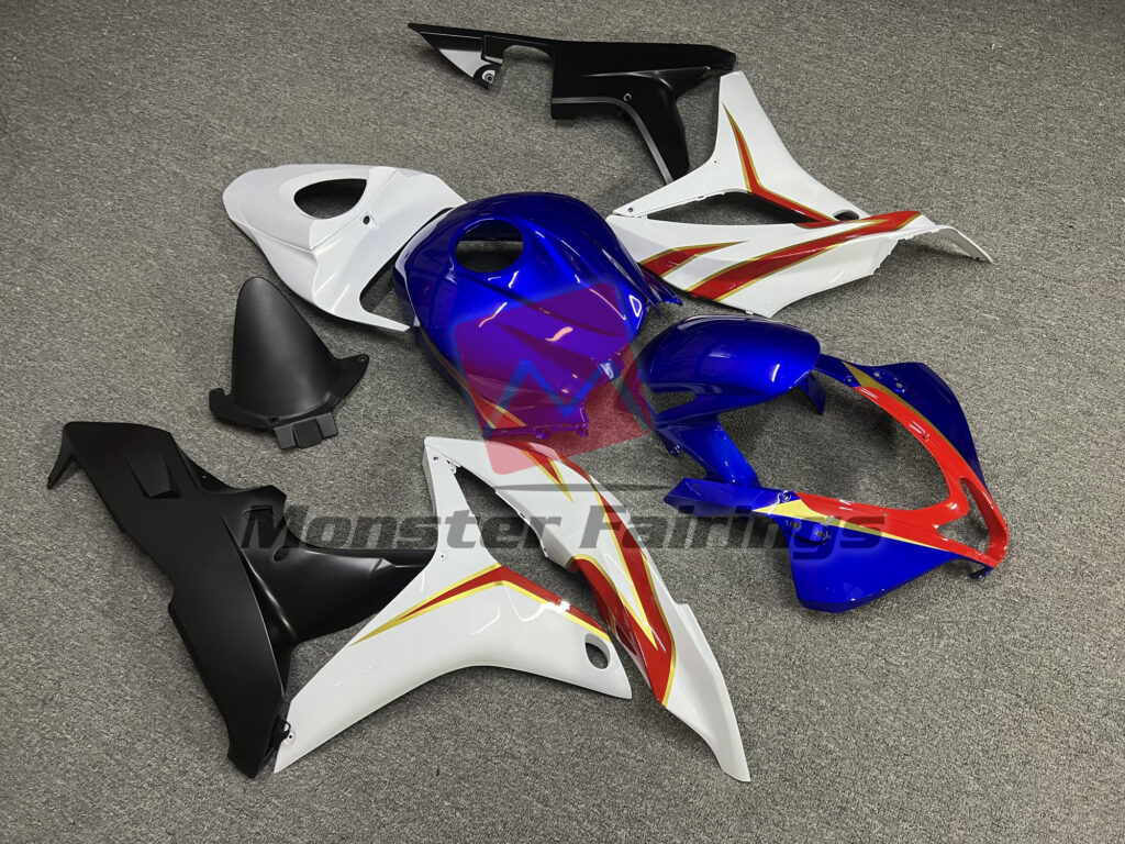 2007 - 2008 Honda CBR600RR Gloss Deep Blue White & Red fairing set - ABS injection, custom painted by Monster Fairings