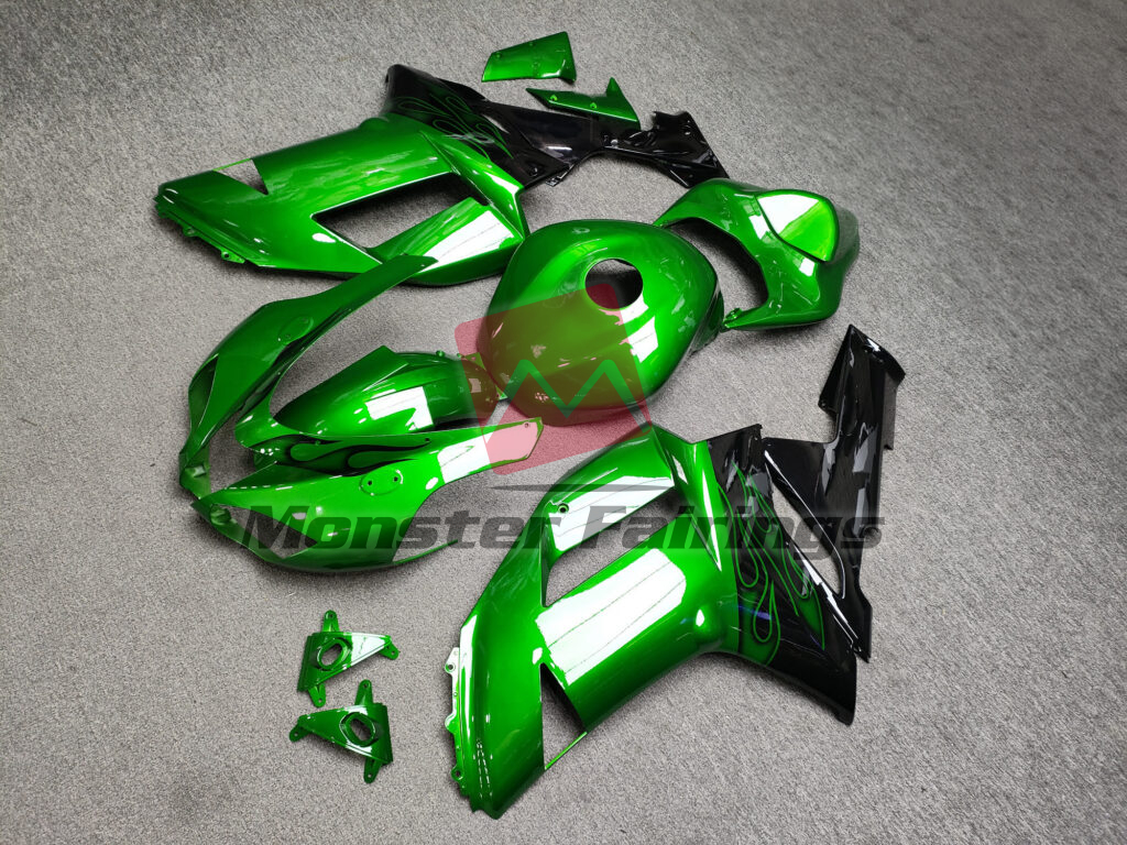 2007 - 2008 Kawasaki ZX6R Gloss Green & Black Flames fairing set - ABS injection, custom painted by Monster Fairings