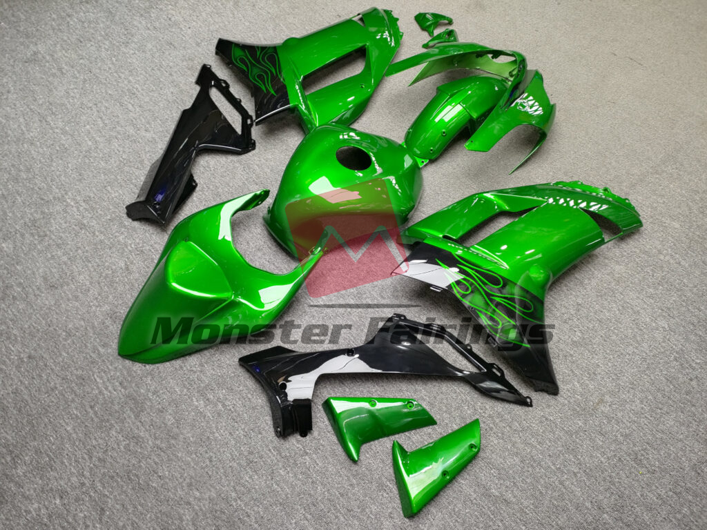 Kawasaki ZX6R custom ABS fairings 2007 - 2008 in Gloss Green & Black Flames - durable replacement kit, Monster Fairings