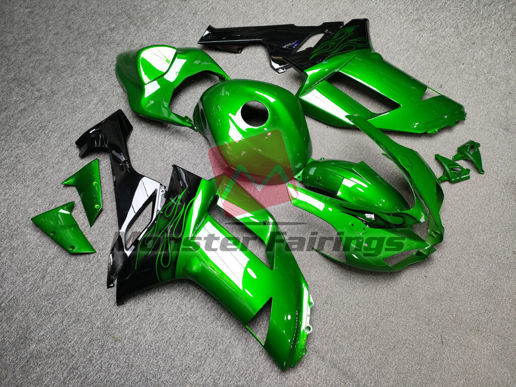Gloss Green & Black Flames ABS fairings for Kawasaki ZX6R 2007 - 2008 - premium OEM fit kit by Monster Fairings