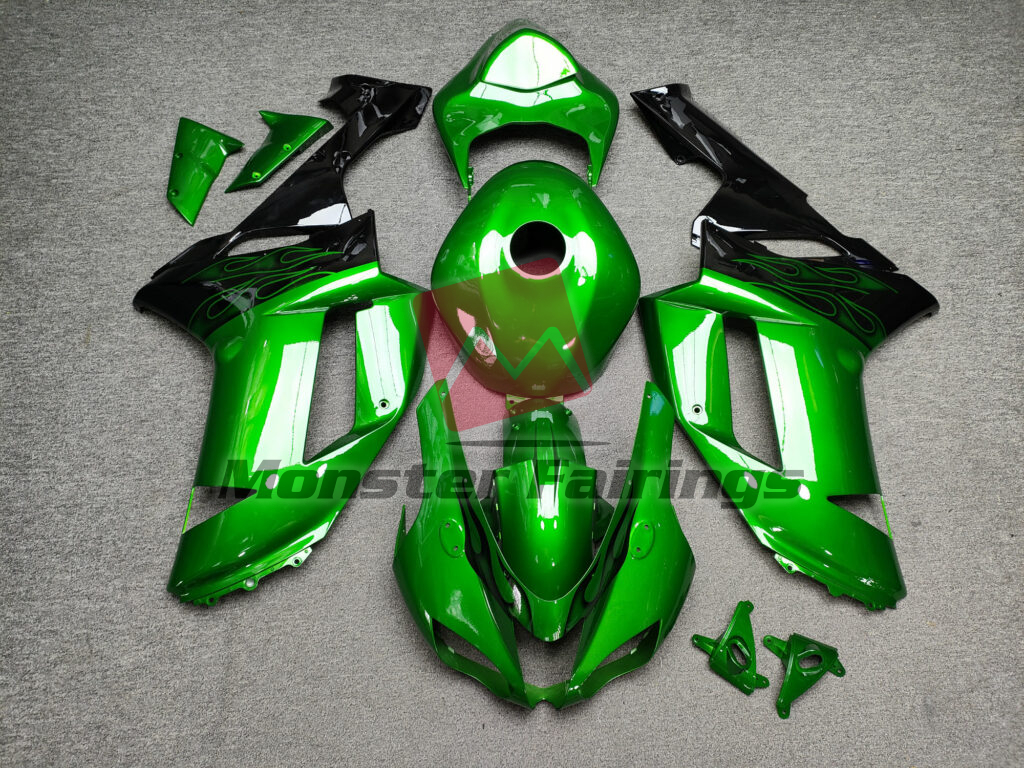 Kawasaki ZX6R 2007 - 2008 Gloss Green & Black Flames ABS fairings - custom motorcycle bodywork kit by Monster Fairings