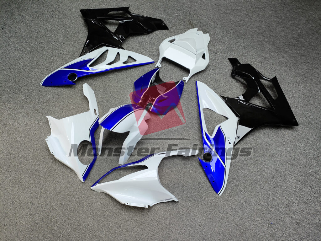 BMW S1000RR custom ABS fairings 2009 - 2014 in Gloss White & Black with Blue - durable replacement kit, Monster Fairings
