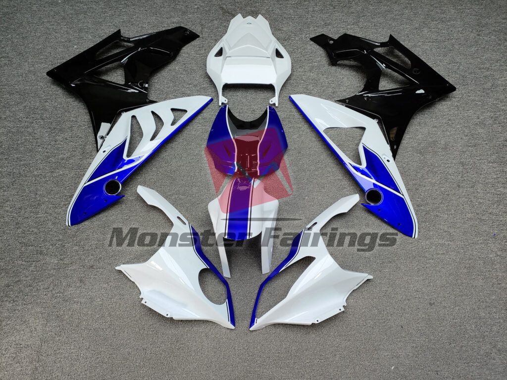 BMW S1000RR 2009 - 2014 Gloss White & Black with Blue ABS fairings - custom motorcycle bodywork kit by Monster Fairings