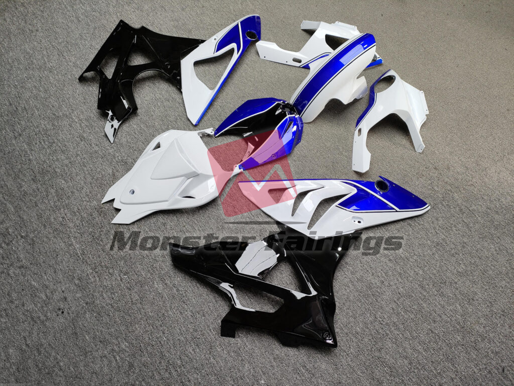 2009 - 2014 BMW S1000RR Gloss White & Black with Blue fairing set - ABS injection, custom painted by Monster Fairings