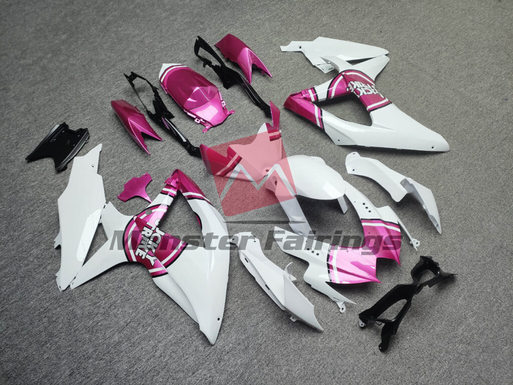 Suzuki GSXR custom ABS fairings 2008 - 2010 in Gloss White & Pink Lucky Strike - durable replacement kit, Monster Fairings