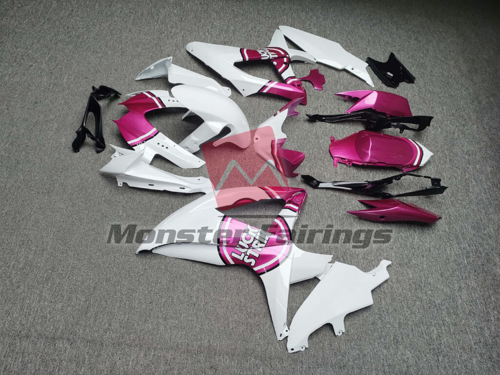 2008 - 2010 Suzuki GSXR Gloss White & Pink Lucky Strike fairing set - ABS injection, custom painted by Monster Fairings