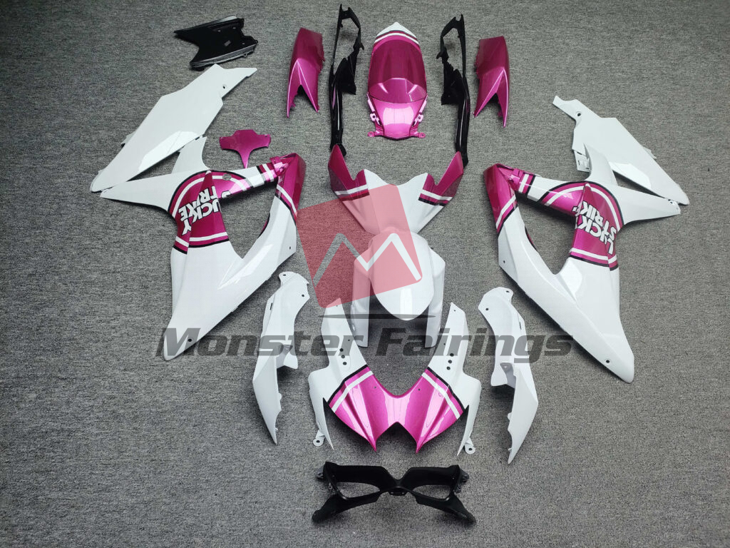 Suzuki GSXR 600 - 750 2008 - 2010 Gloss White & Pink Lucky Strike ABS fairings - custom motorcycle bodywork kit by Monster Fairings